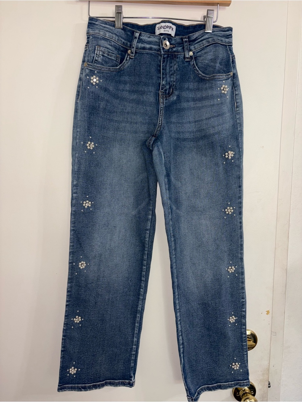 Sandpiper Blue Straight-Leg Jeans with Pearl Embellishments